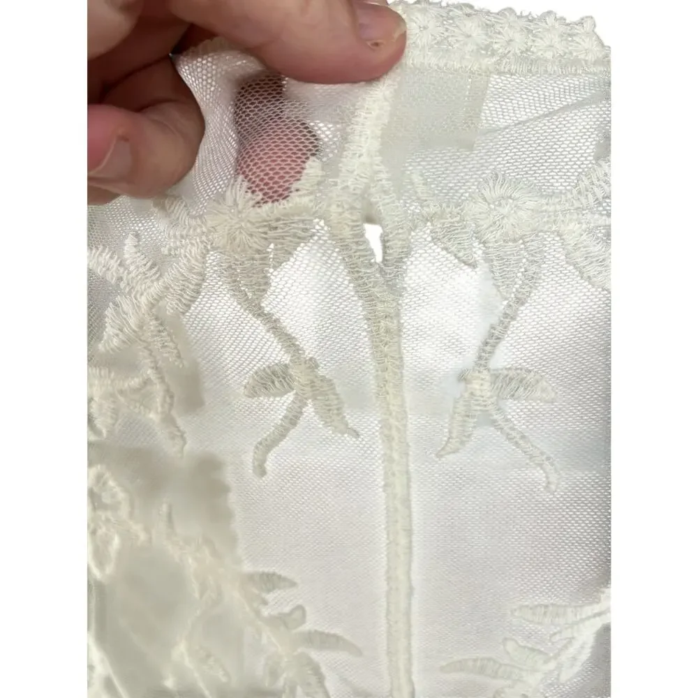 Boho Ivory Embroidered Mesh Lace Kimono Duster Sheer Festival Cardigan L